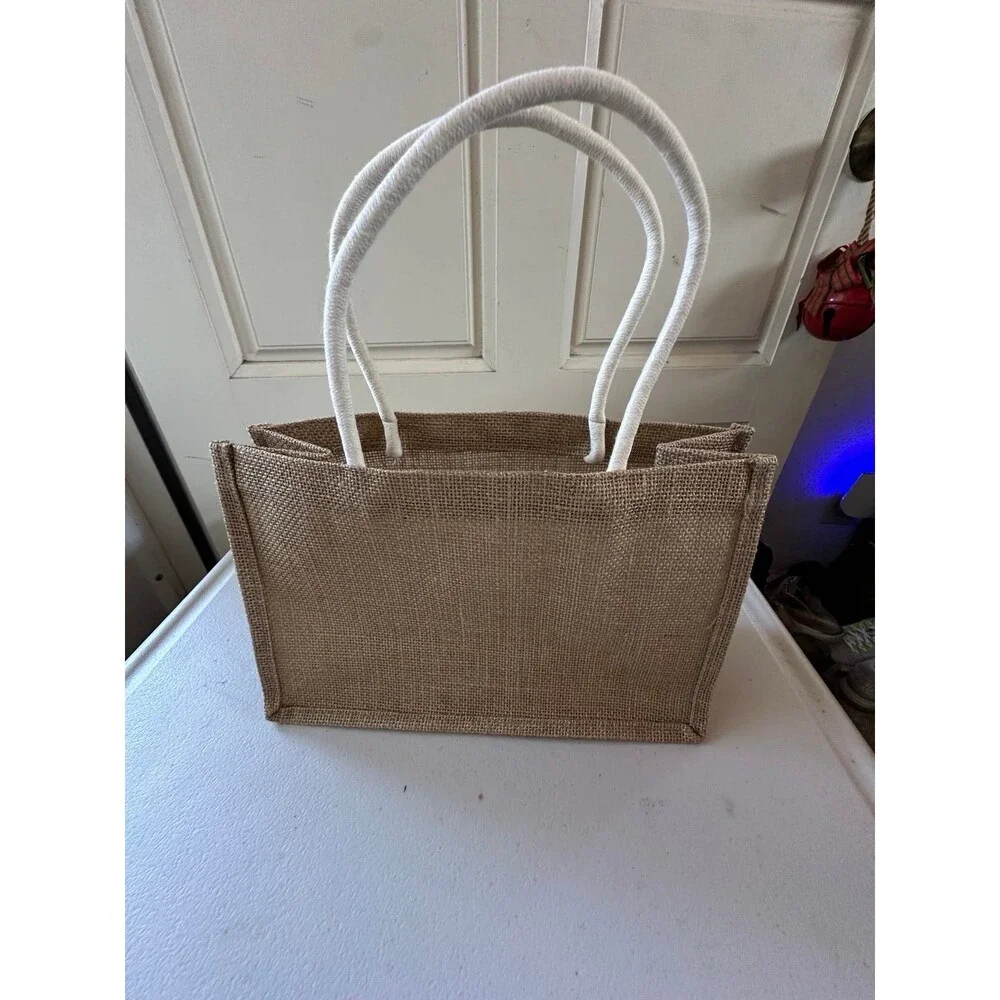 NWOT Natural Jute Burlap Compact Reusable Grocery Shopping Tote Beach Bag